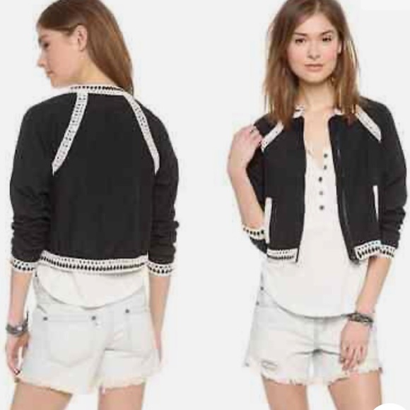 Free People baseball jacket cropped crochet trim Size Large - Picture 4 of 16